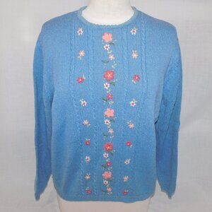 VTG Tulchan Blue Pink White Embroidered Flowers Floral Knit Sweater Womens XL